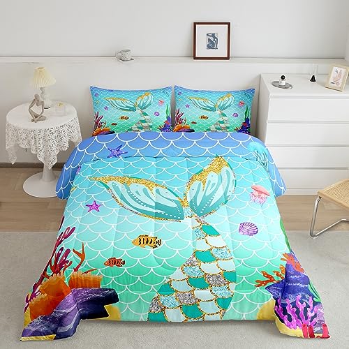 Erosebridal Mermaid Tail Comforter Set Twin,Girly Rainbow Bedding Set Kids Fish Scales Quilt Jellyfish Sea Animal Duvet Insert Mint Green Sequins Pastel Teal Kawaii Room Decor,Multicolor Oce