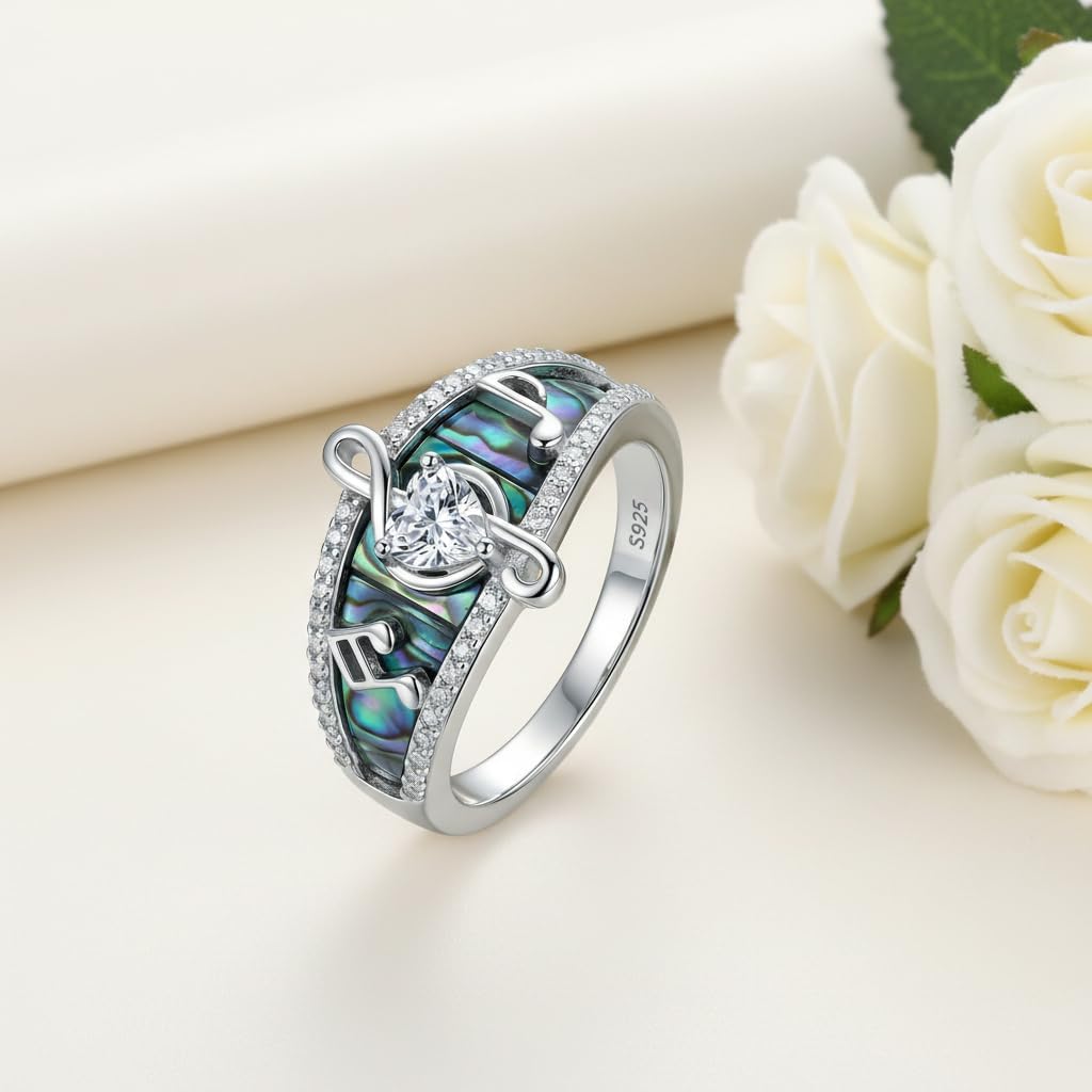 ONEFINITY Music Note Ring 925 Sterling Silver Abalone Shell Ring Music Stuff Jewelry Gifts for Women