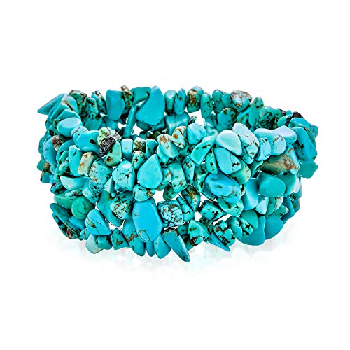 Bling Jewelry Blue Stabilized Turquoise Chip Stone Wide Chunky Cluster Multi Strand Stretch Bracelet for Women