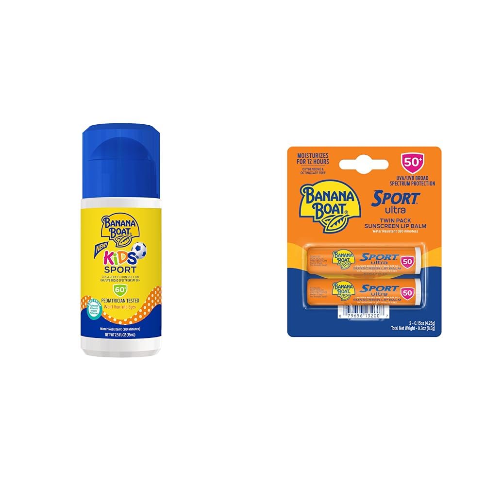Banana Boat Kids Sport Sunscreen Roll On SPF 60, 2.5oz and Lip Balm SPF 50 Twin Pack | Kids Sunscreen Roller and Lip Sunblock
