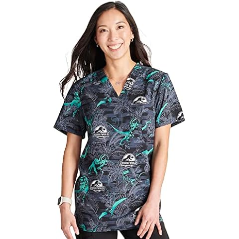 Tooniforms Men & Women Scrubs Top Print V-Neck TF688, S, Jurassic Stomper Cover