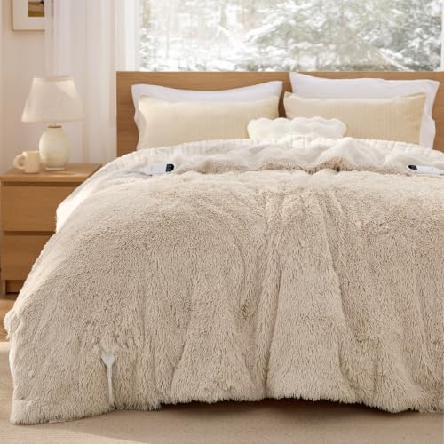 Image of Bedsure Faux Fur Long-Pile Heated Blanket King Size, Dual Control, Beige