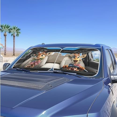 Image of Car Front Windshield Sun Shade Giraffe Driving 2 PCS Windshield Cover Foldable Automotive Interior Accessories for Sun Protection Heat Reflector-Keep Your Vehicle Cool