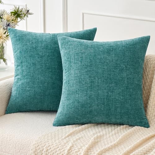 Image of MIULEE Pack of 2 Couch Throw Pillow Covers 26x26 Inch Soft Teal Chenille Pillow Covers for Sofa Living Room Solid Dyed Pillow Cases
