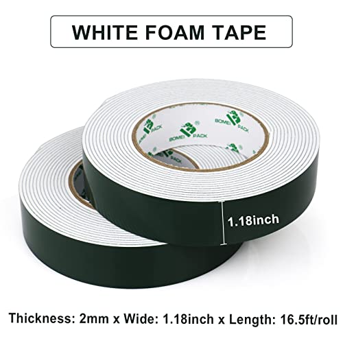 Image of BOMEI PACK 1.18inch x 16.4ft Double Sided White Foam Tape for Automotive, Molding, LED, Sealing, for Home, Office | 2mm Thick, 2 Rolls