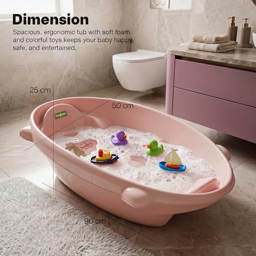 Image of Baybee AquaHug Baby Bath Tub for 0 to 5 Years | Ergonomic Bath Tub for Kids with Anti-Slip Base & Quick Drains | Sitting & Lying Babies Bather & Baby Bathing Tub for Boys Girls (Pink)