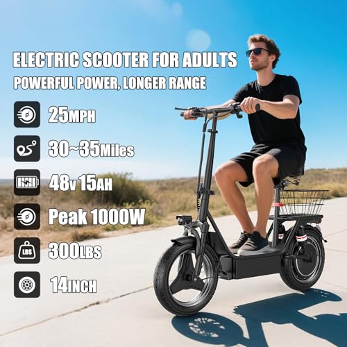 Image of Electric Scooter for Adults, 1000W Peak Motor, Up to 25 MPH 30 Miles, Electric Scooter with Seat, Multiple Suspension, Bright Lights, Provides Comfortable and Safe Ride, 14 inch E Scooter for Commuting