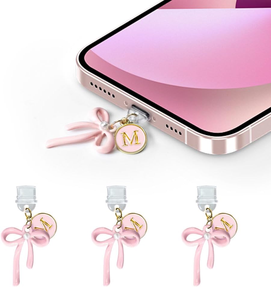 3Pcs Pink Bow USB C Dust Plug Charms for iPhone 16/15...