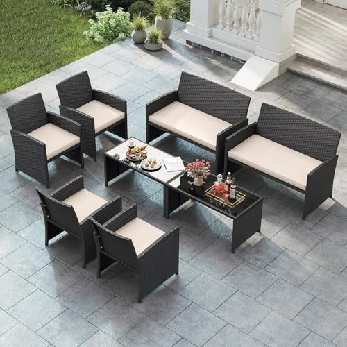 Image of Tangkula 8 Pieces Patio Wicker Furniture Set, Outdoor Heavy Duty Rattan Cushioned Chairs, Loveseat and Tempered Glass Coffee Table, for Backyard, Balcony, Poolside (2, Off White)