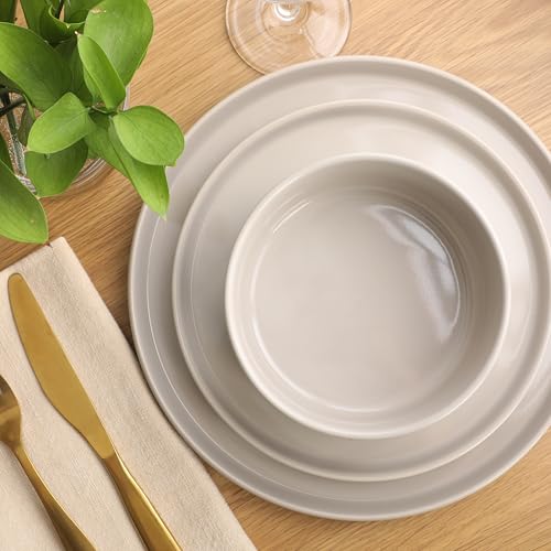 Image of Gibson Elite Moonstone 12 Piece Modern Stoneware Dinnerware Set for 4, Grey Plates and Bowls Set, Dinner Plates, Salad Plates, Bowls