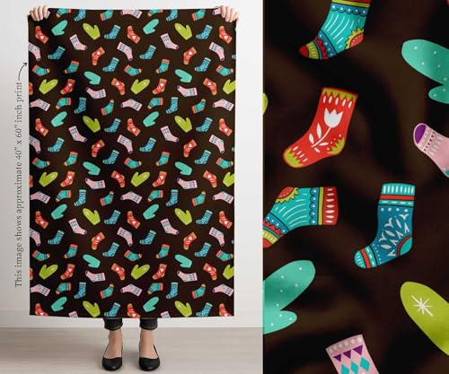 Image of Soimoi Brown Cotton Canvas Fabric Socks & Gloves Folk Art Print Fabric by the Meter 56 Inch Wide