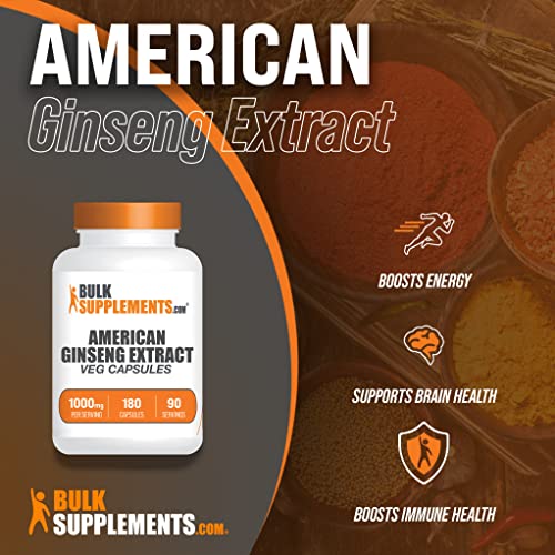 Bulksupplements.com American Ginseng Capsules - Ginseng Supplement For Energy Support - Gluten Free - 1000Mg Per Serving - 90-Day (3-Month) Supply (180 Veg Capsules) #TOP2