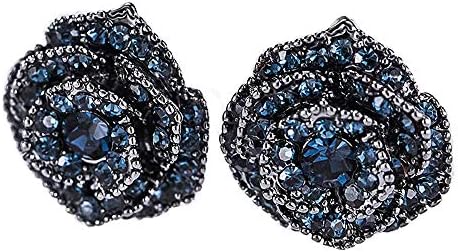 Silver Plated Rose Flower Earring Black Blue Crystal Women Fashion Enchanted Stud Earrings Rhinestone Teardrop Flower Earrings(Blue)