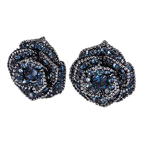 Silver Plated Rose Flower Earring Black Blue Crystal Women Fashion Enchanted Stud Earrings Rhinestone Teardrop Flower Earrings(Blue) #TOP7