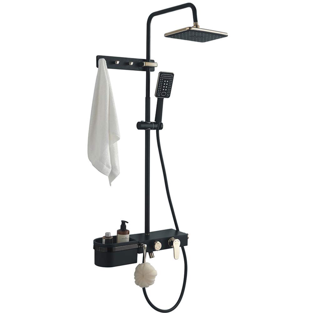 CWCQGH Rain Black and Gold Rain Mixer Shower Combo Set Wall Mounted Exposed Bathroom Shower Faucet with Shower Head, Hand Shower, Bathtub Spout, Storage Basket
