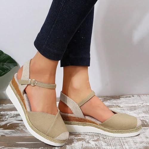 Orthopedic Platform Wedge Sandals for Women Summer Dressy 2023 Flat Open Toe Ankle Strap Espadrilles Sandals Casual Strappy Slip on Sandals Beach Boho Sandals Comfortable Outdoor Shoes (1-Khaki, 8.5)