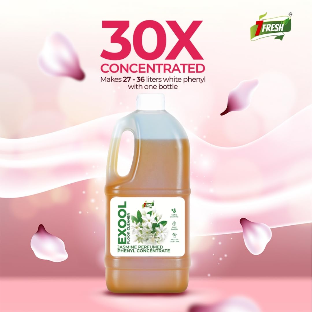 7Fresh Exool JASMINE Perfumed Phenyl Concentrate Liquid 900 ml (MAKES 30 LITTER OF THICK WHITE PHENYL) Pine Based/Long Lasting/Faster Dilution/Phenyl Essence 1