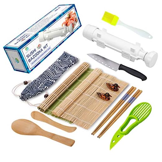 Sushi Making Kit - All In One Sushi Bazooka Maker with Bamboo Mats, Bamboo Chopsticks, Avocado Slicer, Paddle, Spreader, Sushi Knife, Chopsticks Holder and Cotton Bag - Gift Box