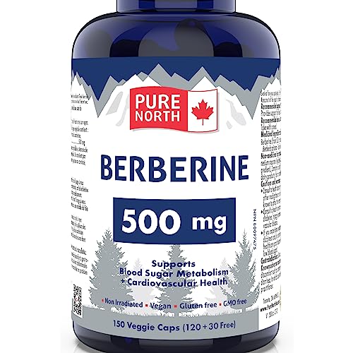 PURE Berberine 500mg 150 vcaps - Supports Blood Sugar Metabolism + Cardiovascular Health - Formulated and made in Canada by PURE NORTH NATURALS
