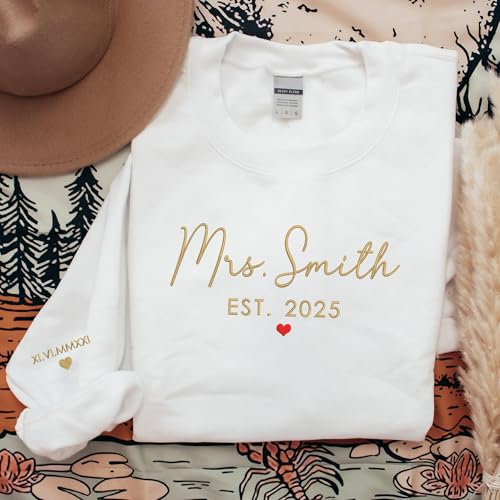 GODMERCH Custom Embroidered Mrs Sweatshirt - Personalized Future Mrs Hoodie, Bride Sweatshirts, Honeymoon Crewneck, Gift for Her Bride to Be Wedding Engagement Bridal Shower Bachelorette Party3