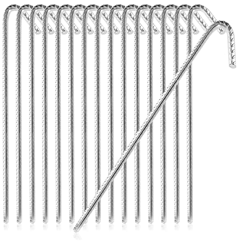 COM-FOUR® 16x XL Bodenanker aus massivem Stahl, J-Form 42 cm, Ø 1 cm – verzinkte Erdanker für Zelt, Pavillon, Hüpfburg, Trampolin, auch als Bewehrungsstab für den Boden, stabil & rostfrei