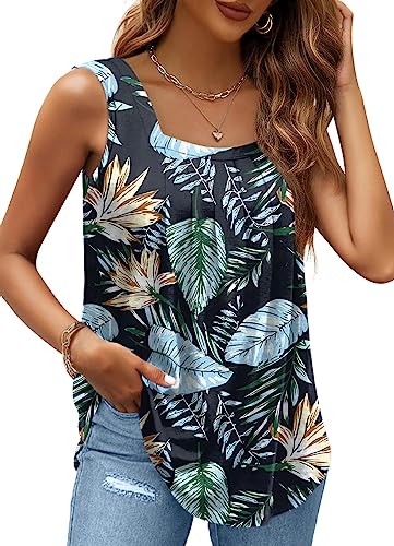 AGSEEM Summer Tank Tops for Women Loose Fit Pleated Square Neck Sleeveless Tops Curved Hem Flowy