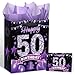 Black Purple 50th Birthday Gift Bag with Happy 50th Birthday Greeting Card and Tissue Paper for Women Black Purple 50th Birthday Gift Wrap Bag with Handles for 50th Birthday Party Decorations Supplies