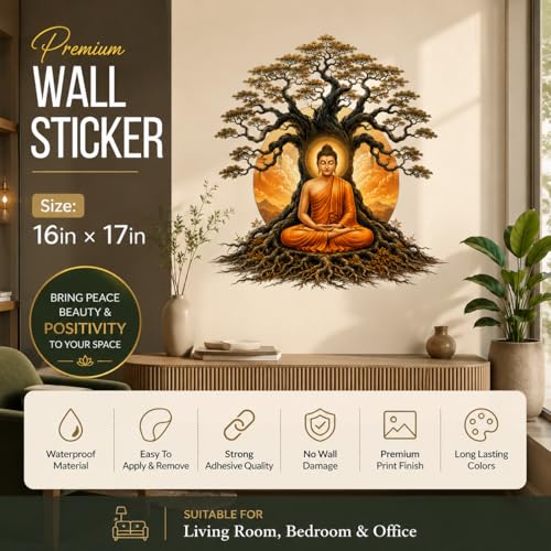 Image of Rangoli Buddha Wall Sticker Self-Adhesive 16 x 17 Inch Waterproof Wall Decor for Living Room Bedroom Office Meditation Buddha Tree Wall Decal