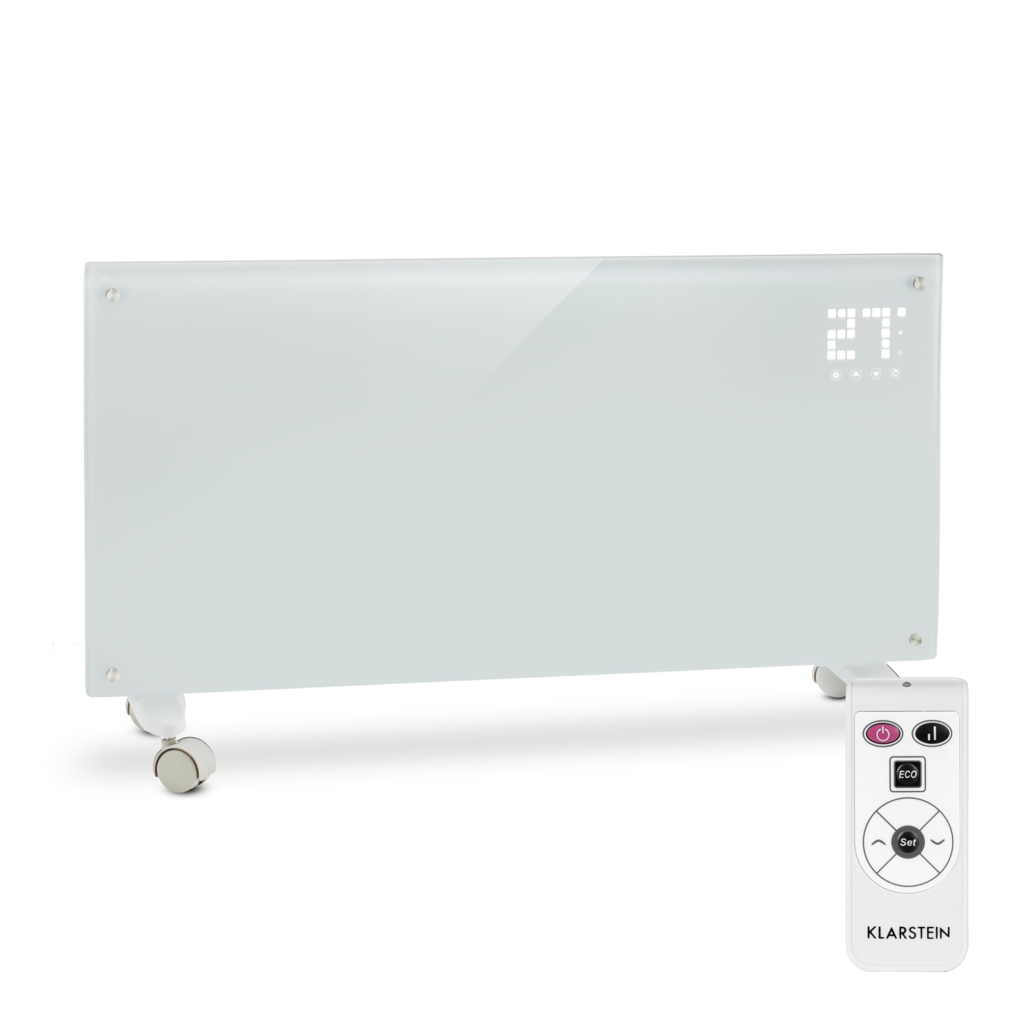 Klarstein Radiadores Bajo Consumo Electricos para Casa, Estufa Electrica de 2000W, Radiador Electrico Silencioso, Portátil y Delgado, Estufas con Panel para Pared, Pantalla y Termostato