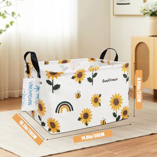 Image of Rectangular Storage Bin Collapse Canvas Fabric Cartoon Storage Basket with Handles for Organizing Home Kitchen Boys and Girls Toys Office Closet Shelf Baskets(Rec Sunflower)