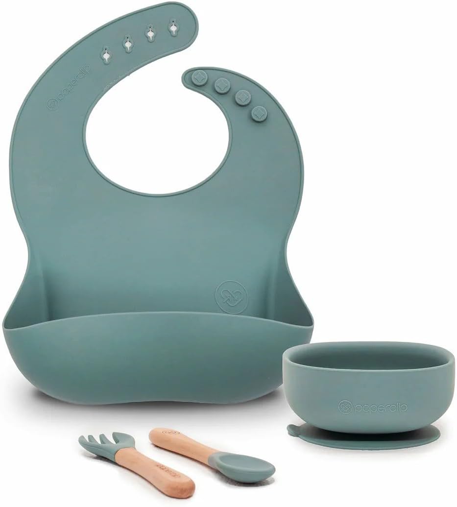 PAPERCLIP Starter Kit - Cactus Green; Including Bib, Suction Bowl and Spoon & Spork Set - 100% BPA Free