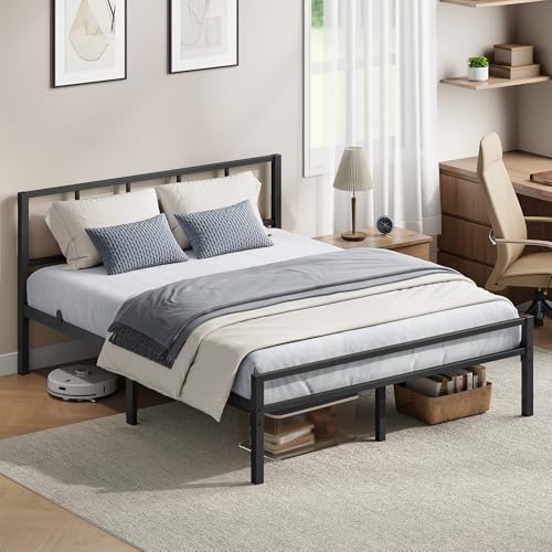 VASAGLE Cadre de Lit 140 x 190 cm avec Sommier, Tête de Lit, en Métal, Supporte Jusqu'à 500 kg,...