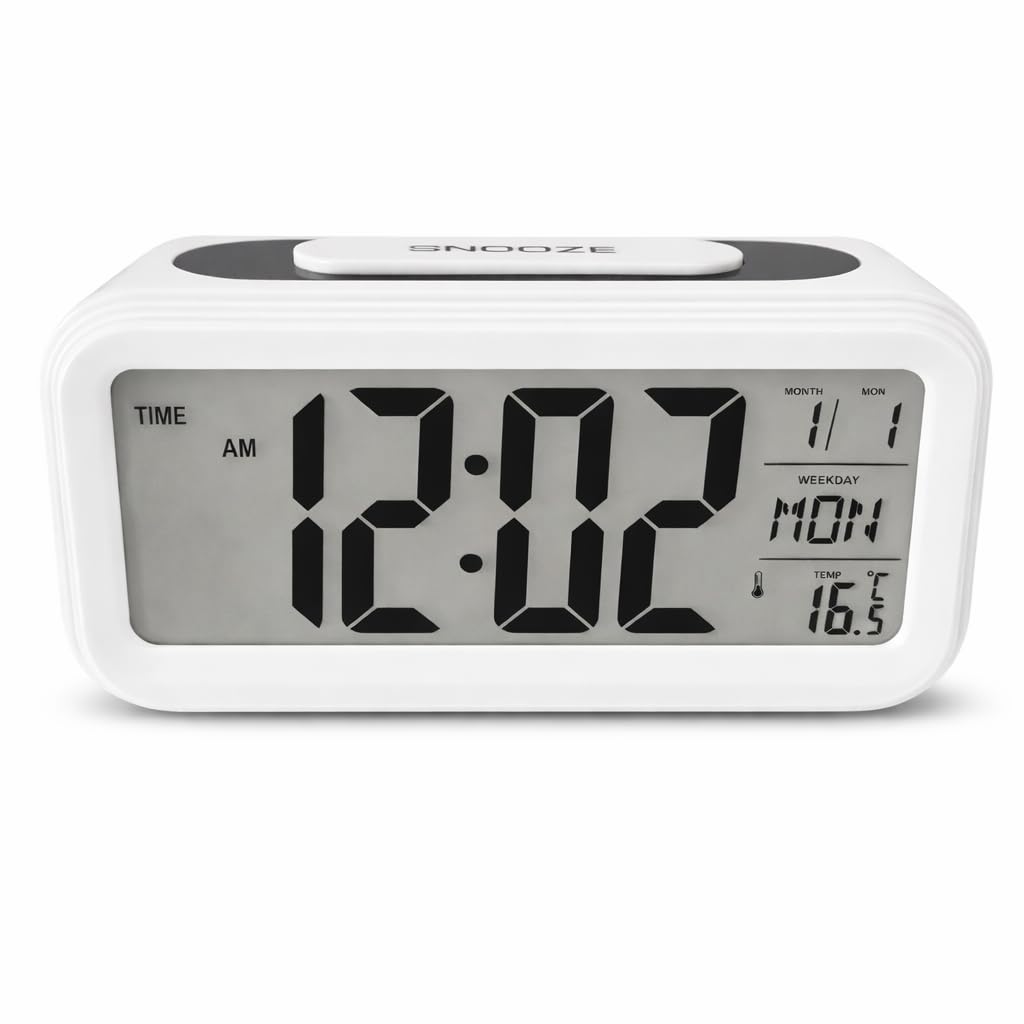 Talking White Digital Alarm Clock with LCD Backlight, Temperature Display, Sound Control, Battery Operated, Dual Time Format, for Bedroom, Office, Living Room-image-44