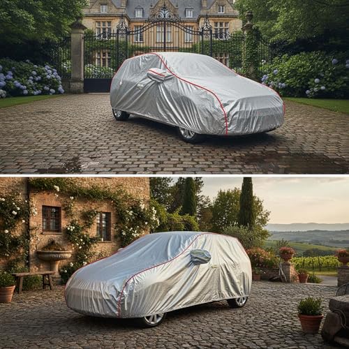 Image of Sulfar 100% Waterproof Car Body Cover Compatible with Mirror for Audi S5 (Triple Stitched, Full Bottom Elastic, Magic Silver with Red Piping)