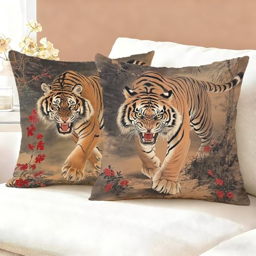 Juego de 2 Funda Cojin 35x35 Naranja, Impermeable Fundas Cojines Tigre Lino con Cremallera Oculta, Suaves Cómodo y Transpirables Funda Almohada Lavable, Renova Tu Sofá o Salón Fácilmente K6-613