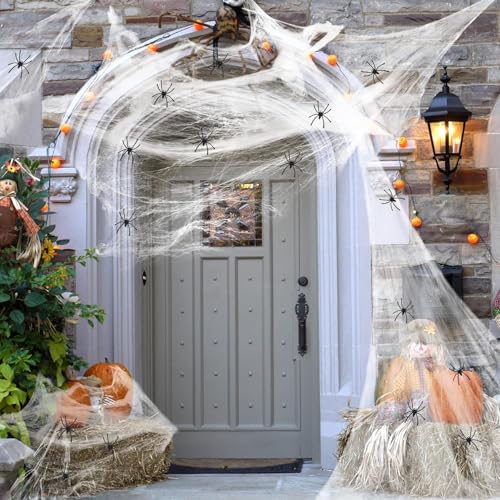 200g Cobweb Halloween Decoration Scalable Spider Web with 20 Plastic Fake Spiders for Doorstep Home Garden Halloween Party Decor