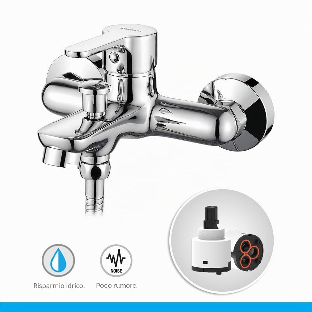GRIFEMA PORTO-G13003 Miscelatore Monocomando Esterno per Vasca/Doccia (G1/2 Pollici) con Flessibile Doccia in Acciaio Inox da 1,5 m, Doccetta a 5 Vie, Cromo/Argento