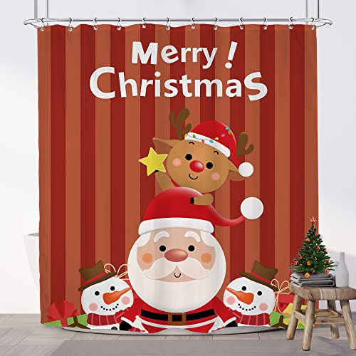 Imirell Merry Christmas Duschvorhang, 152 x 183 cm, Weihnachtsmann, Geschenke, Schneeflocke, Schneemann, Silvester, Weihnachten, Winterstoff, wasserdicht, Polyester, mit 12 Haken, Kunststoff Cover
