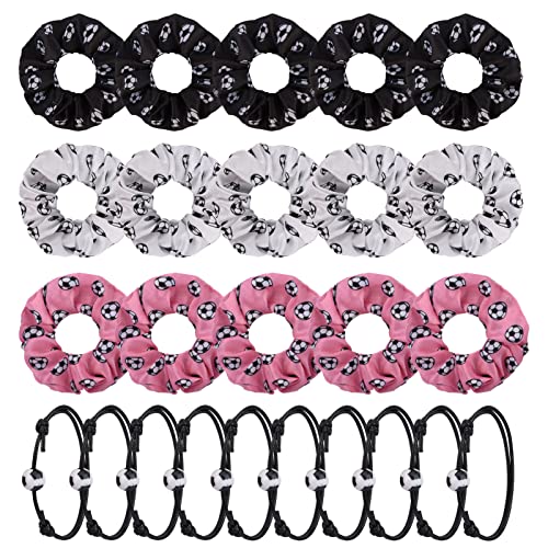 10 Pieces Adjustable Soccer Charm Bracelet with 15 Pieces Soccer Hair Scrunchies Soccer Elastic Silk Satin Scrunchies Sp