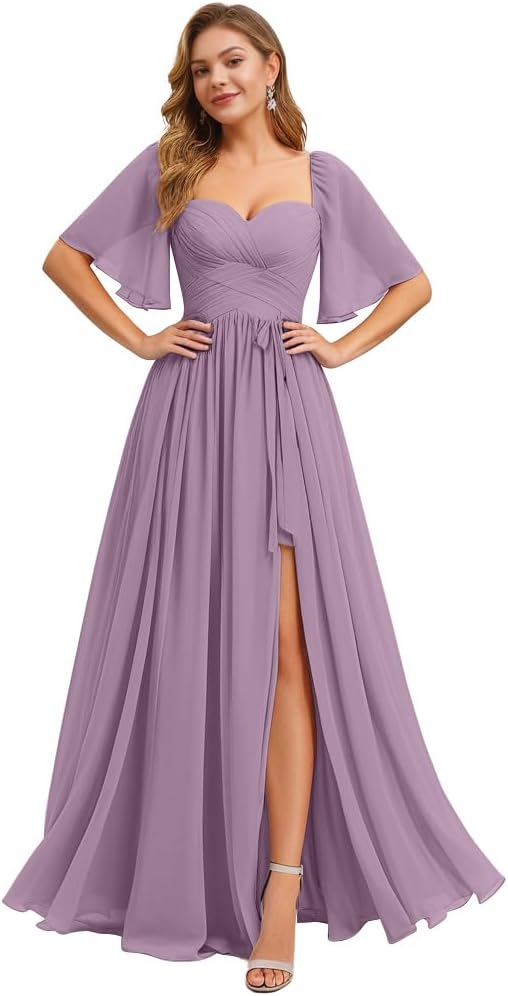 IIF Women's Chiffon Bridesmaid Dresses for Wedding Flutter Sleeves Ruched A Line Long Formal Dress with Slit IIF149 - Image 8