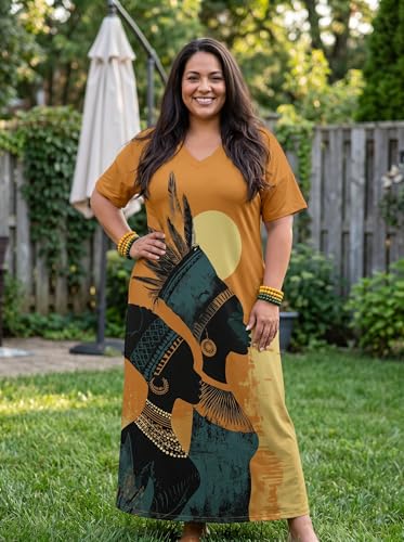 Image of Plus Size Maxi Dress for Women Short Sleeve V Neck Casual Loose Sundress with Pockets