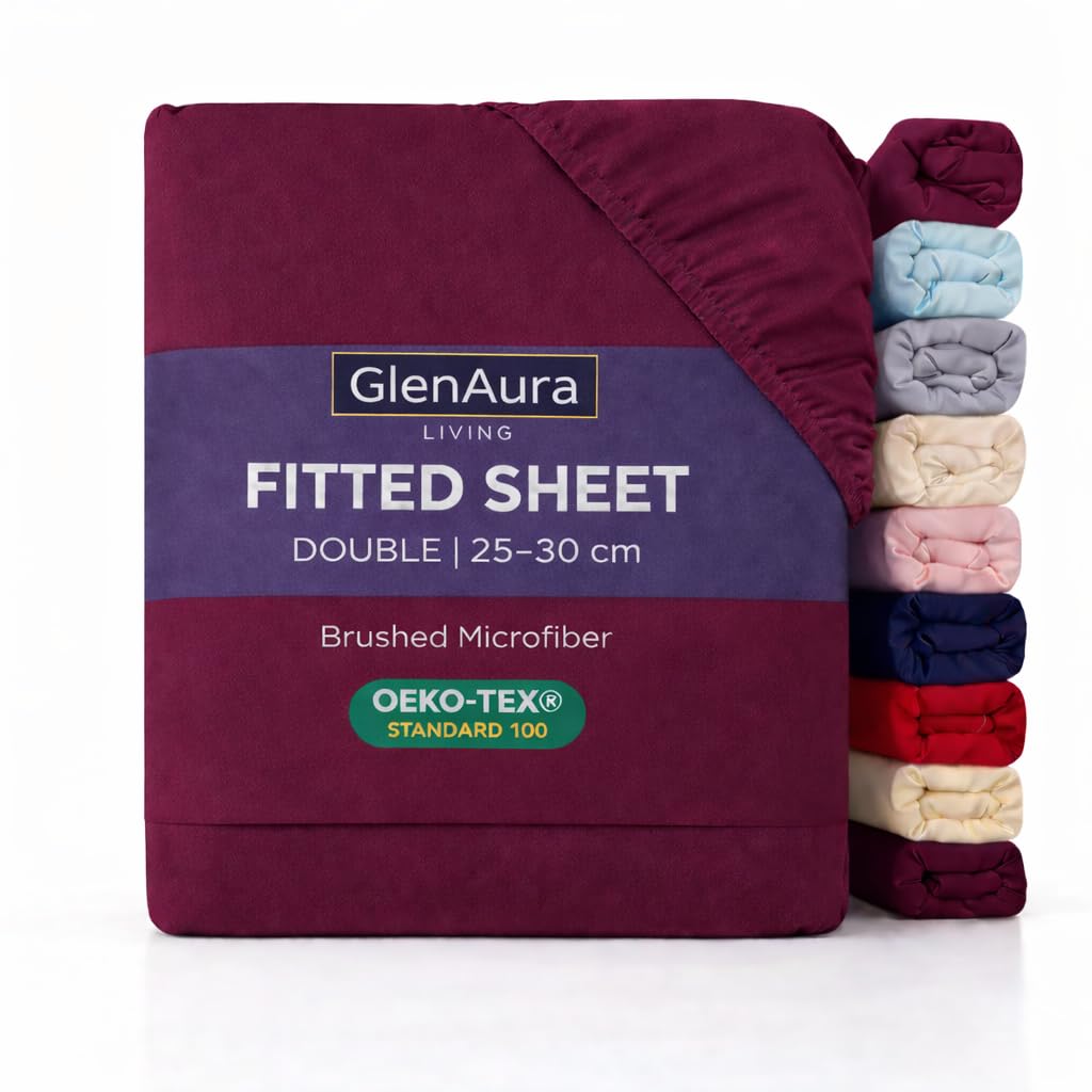 GlenAura Living Fitted Sheet Double, Burgundy - Deep Pocket 25cm - OEKO-TEX Certified - Brushed Microfibre - Bed Sheet, Soft Stretch Fit, Wrinkle Fade & Shrink Resistant — image 1