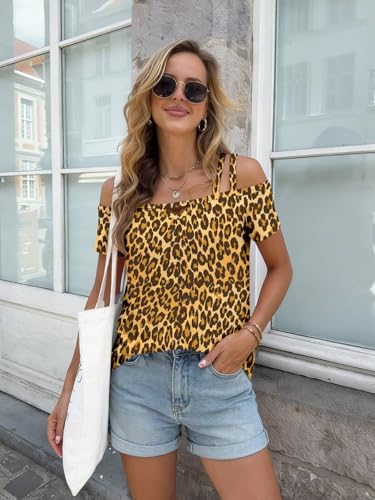 Image of Bliwov Womens Cold Shoulder Tops Short Sleeve Cute Sexy Summer Spring Beach Vacation T Shirts Fashion Outfits Basic Clothes