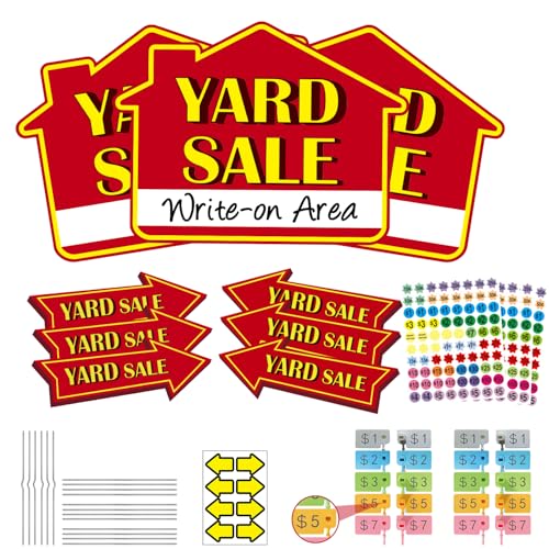 Yard Sale Sign Kit with Stakes Price Labels Arrow Stickers & Clip-On Tags