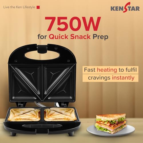 Image of Kenstar SNACKY 750W Sandwich Maker | Non-Stick 2-Slice Grill Plates | Cool-Touch Body & Auto Cut-Off | Black