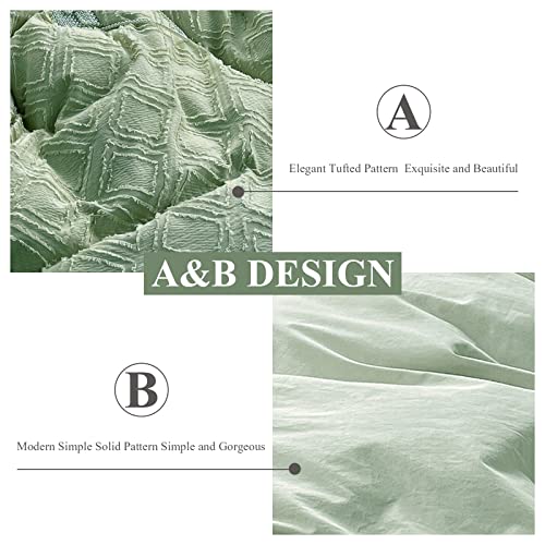 Eavd Duvet Cover Set Queen Boho Green Tufted Duvet Cover Queen Soft Microfiber Rhombus Pattern Bedding Set With 2 Pillowcases Chic Shabby Jacquard Geometric Duvet Cover With Zipper Closure&Ties #TOP3