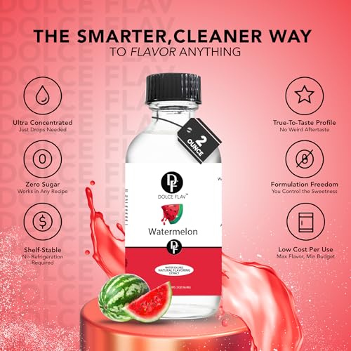 Image of Dolce Flav Natural Watermelon Flavoring - Sweet, Juicy Summer Fruit Taste | 2 oz Extract for Baking, Drinks & Frozen Treats | Graduated Dropper Included | Water-Soluble | Kosher | Made in USA
