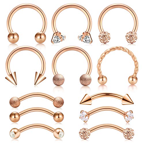AceFun 12er 16G Chirurgenstahl Körperschmuck Lippenpiercing Bananen Augenbrauen Piercing Ohrstecker Helix Tragus Septum Hufeisen Circular Barbell Piercing Unisex Punk -Roségold Cover