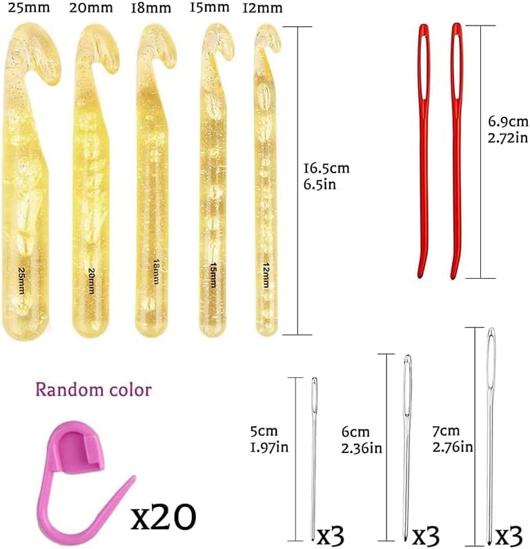 RORGETO Crochet Hook Set Large Eye Blunt Needles 12mm-25mm Large Size Yarn Crochet with 20 Stitch Markers and 2 Tapestry Needle