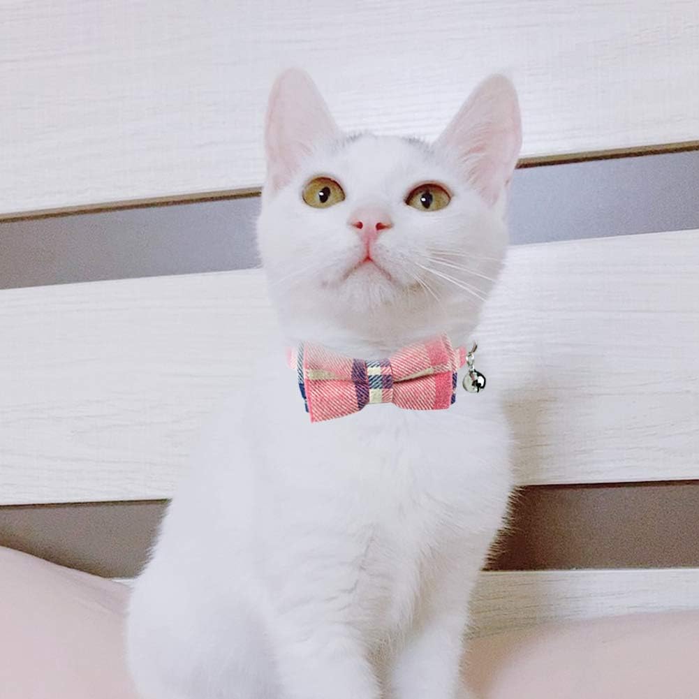 Dynmeow Plaid Pattern Cat Collars Breakaway with Bell & Bowtie, Pink